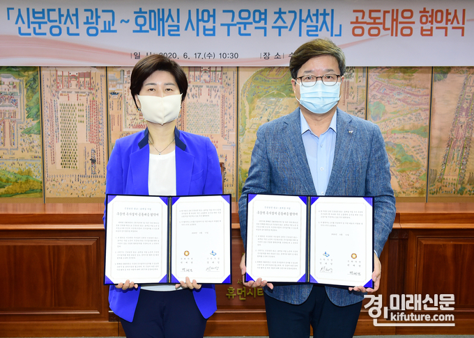 염태영 시장(오른쪽)과 백혜련 의원이 협약 후 기념촬영을 하고 있다.<사진=수원시>