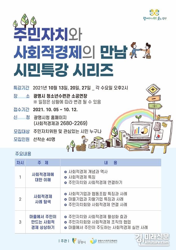 광명시는 10월 13일, 20일, 27일 3회에 걸쳐 주민자치와 사회적경제의 만남 시민특강 홍보물.<사진=광명시>