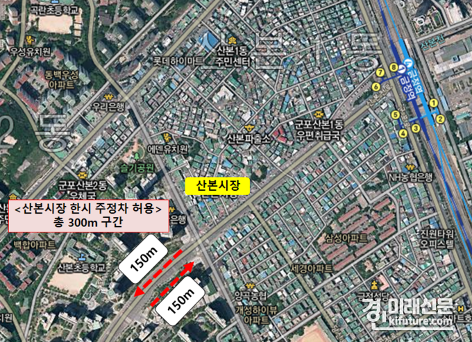 한시적으로 주차가 허용된 군포시 산본시장 주변(붉은색 화살표).<사진=군포시>