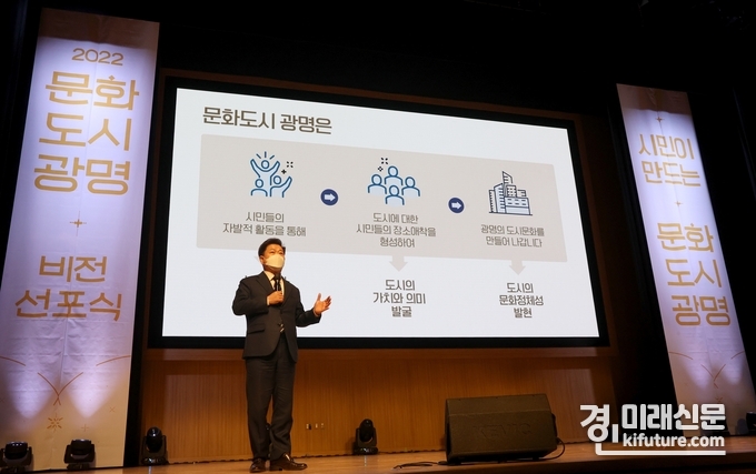 박승원 광명시장이 29일 광명극장에서 '2022 문화도시 광명 비전 선포식'을 선포하고 있다.<사진=광명시>