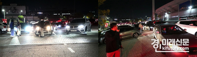 지난 1일 열린 경기에서 현대건설 배구단 측에서 차량을 통제(왼쪽)하고 있는 가운데 관람객들은 차량 사이로 이동하고 있다. <사진=독자제공> 