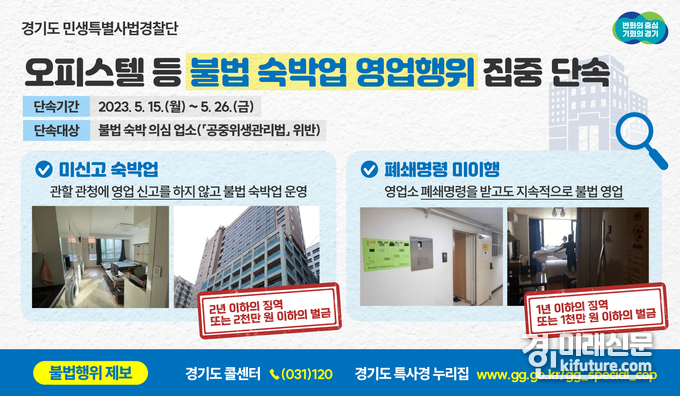 경기도 민생특별사법경찰단 오피스텔 등 불법 숙박업 영업행위 집중단속 안내문. <사진=경기도>
