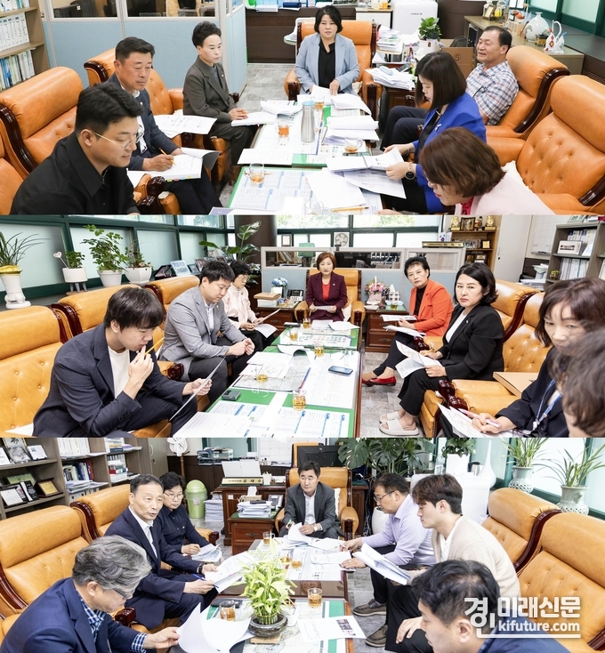 안산시의회 3개 상임위원회가 최근 제285회 임시회 안건 등을 논의하기 위한 시 집행부와의 간담회를 개최하고 있다. 사진 위부터 기획행정위원회 문화복지위원회 도시환경위원의 간담회 모습. <사진=안산시의회>