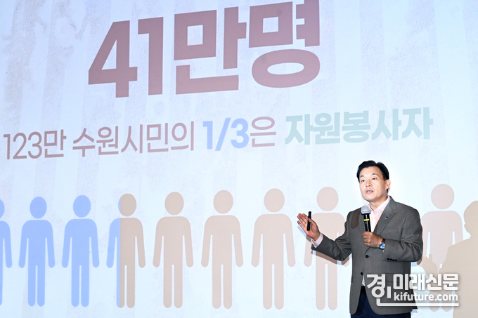 이재준 수원특례시장이 ‘2023년 한마음워크숍’에서 발언을 하고 있다. <사진=수원시>