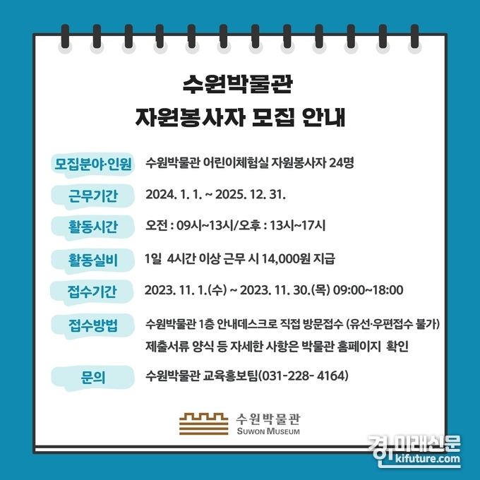 수원박물관 자원봉사자 모집 안내문. <사진=수원박물관>