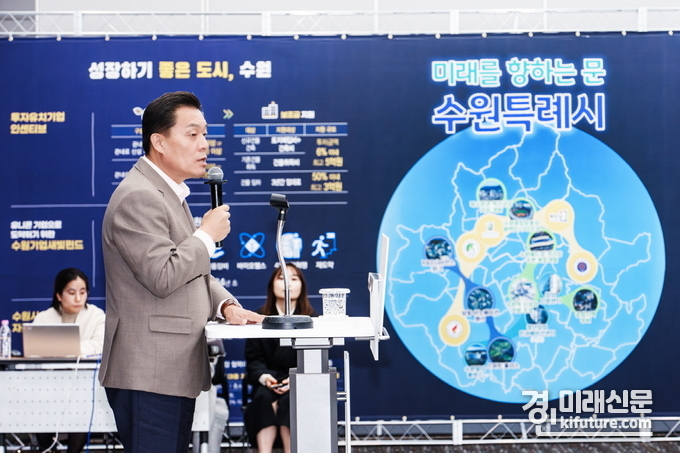 이재준 수원특례시장이 창업생태계활성화포럼에서 수원시의 비전과 지원방안을 설명하고 있다. <사진=수원시>