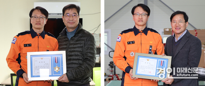 고문수 화성소방서장이 윤형철(왼쪽) 대표와 박채영 대표이사에게 표창장을 수여하고 있다. <사진=화성소방서>