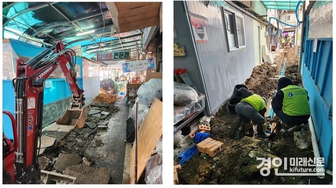 인천시 관계자가 노후 상수도관 교체 공사를 하고 있다. <사진=인천시>