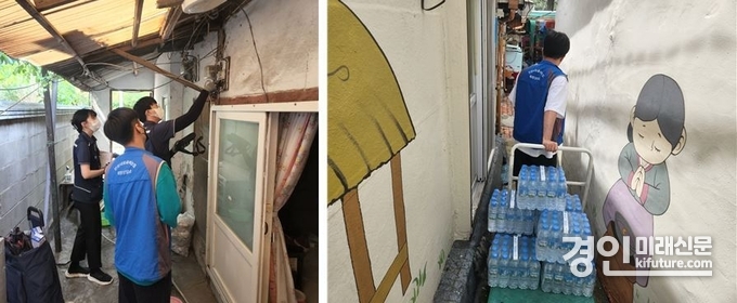 인천시 관계자가 쪽방 전기안전점검(왼쪽) 및 생수 지원을 하고 있다. <사진=인천시> 