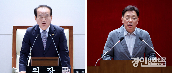성남시의회 제9대 후반기 이덕수 의장(왼쪽), 안광림 부의장. <사진=성남시의회>