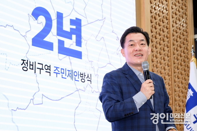 지난 5월 ‘도시재정비 활성화 전략 발표’에서 이재준 수원특례시장이 정비구역 지정을 주민제안 방식으로 전환하는 내용을 설명하고 있다. <사진=수원시>
