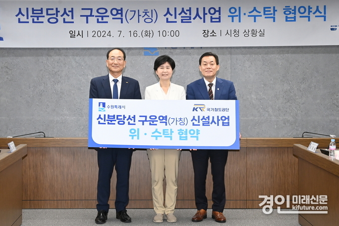 이재준 수원시장(오른쪽부터), 백혜련 의원, 이성해 국가철도공단 이사장이 협약을 맺고 기념촬영을 하고 있다. <사진=수원시>