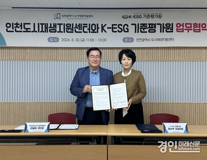 인천도시재생지원센터가 K-ESG기준평가원과 업무 협약을 맺고 기념촬영을 하고 있다. <사진=iH>