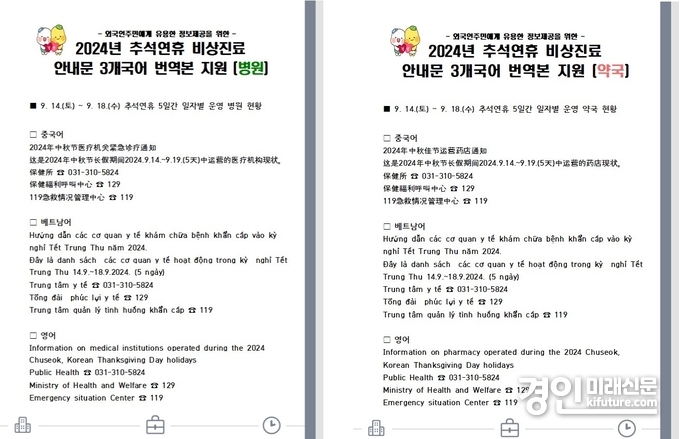 추석 연휴 비상 진료, 병원·약국 정보 3개 국어 안내문. <사진=시흥시>