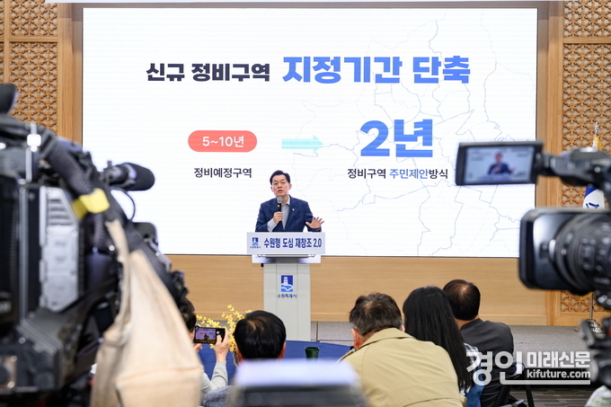 이재준 수원시장이 지난 5월 ‘수원형 도심 재창조 2.0 프로젝트’를 발표하고 있다. <사진=수원시>