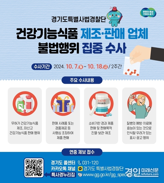 건강기능식품 제조·판매 업체 불법행위 집중 수사 안내문. <사진=경기도>