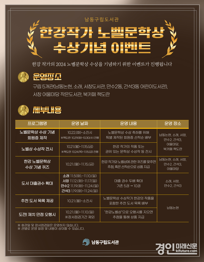 인천 남동구 한강 작가 노벨문학상 기념 특별 이벤트 안내문. <사진=남동구>