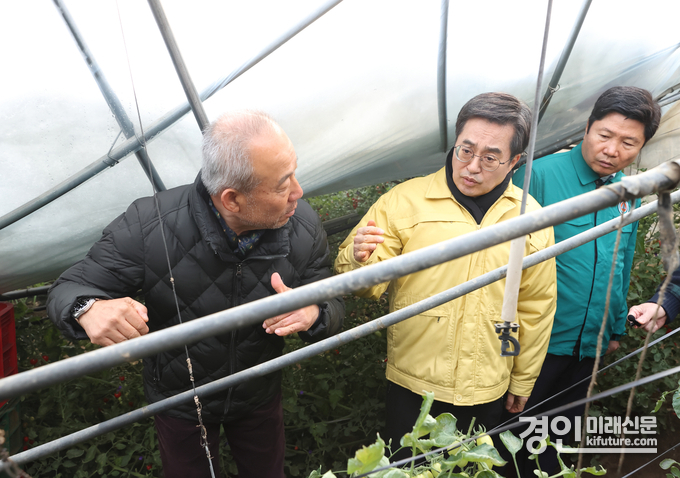 김동연 경기도지사(왼쪽 2번째)가 폭설피해 현장을 방문해 피해상황을 둘러보고 있다. <사진=경기도>