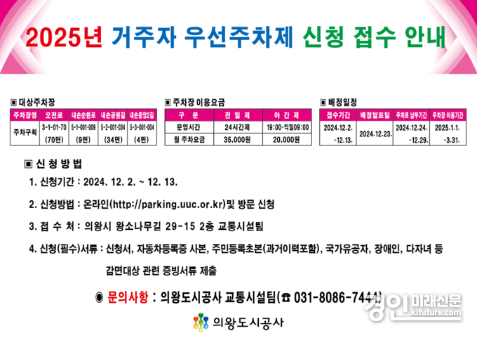 의왕도시공사 거주자 우선주차제 신청 안내문. <사진=의왕시>