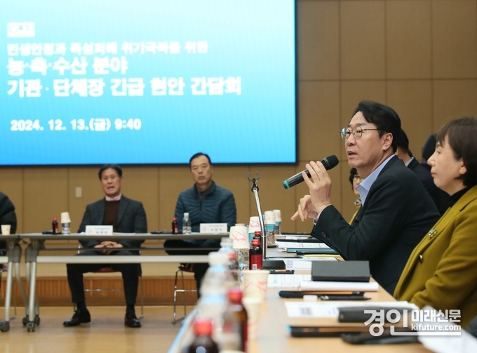 정명근 화성시장이 지난 13일 농축수산분야 긴급 현안 간담회에서 발언을 하고 있다. <사진=화성시>