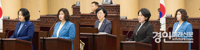 안산시의회가 17일 시정질문과 5분 자유발언을 실시하고 있다. 사진 왼쪽부터 김진숙 박은정 박은경 황은화 박은정 의원의 모습. <사진=안산시의회>