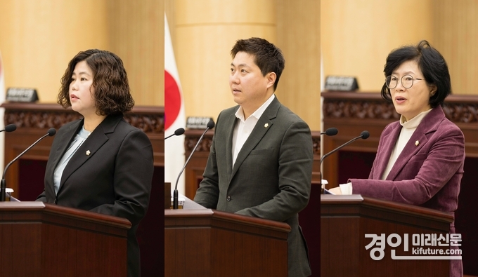 18일 열린 제294회 제2차 정례회 제3차 본회의에서 각각 결의안 및 건의안을 발의하고 5분 자유발언(왼쪽부터 박은정 최찬규 박은경 의원)을 실시하고 있다. <사진=안산시의회>