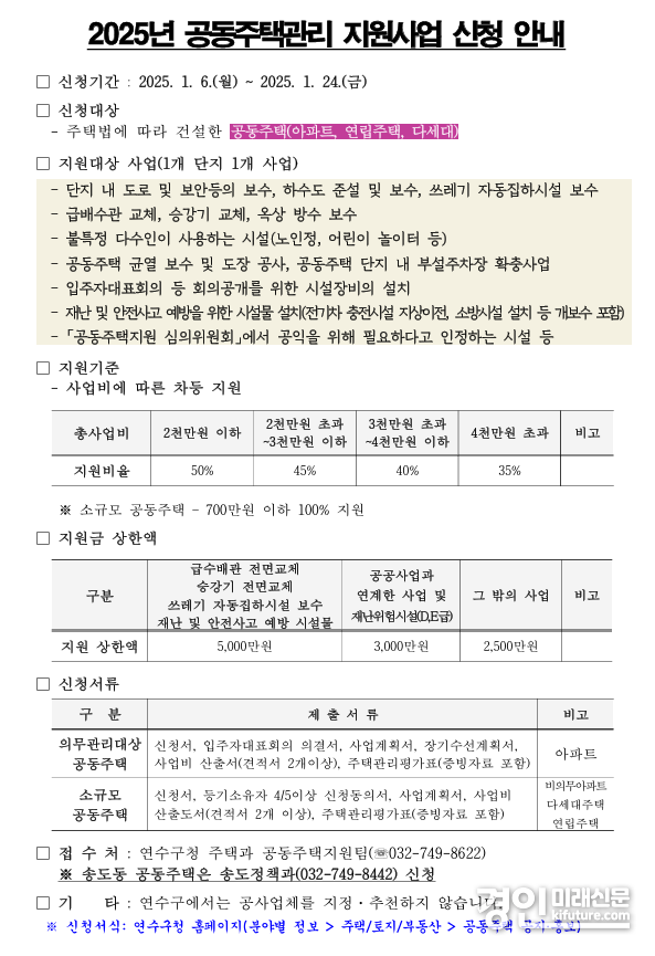 2025년 공동주택 관리 지원 사업 안내문. <사진=연수구>