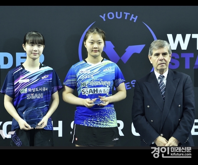 화성도시공사 유청소년탁구부 허예림 선수(왼쪽 1번째)와 유예린 선수(왼쪽 2번째)가 WTT 수상에 따른 기념촬영을 하고 있다. <사진=화성도시공사>