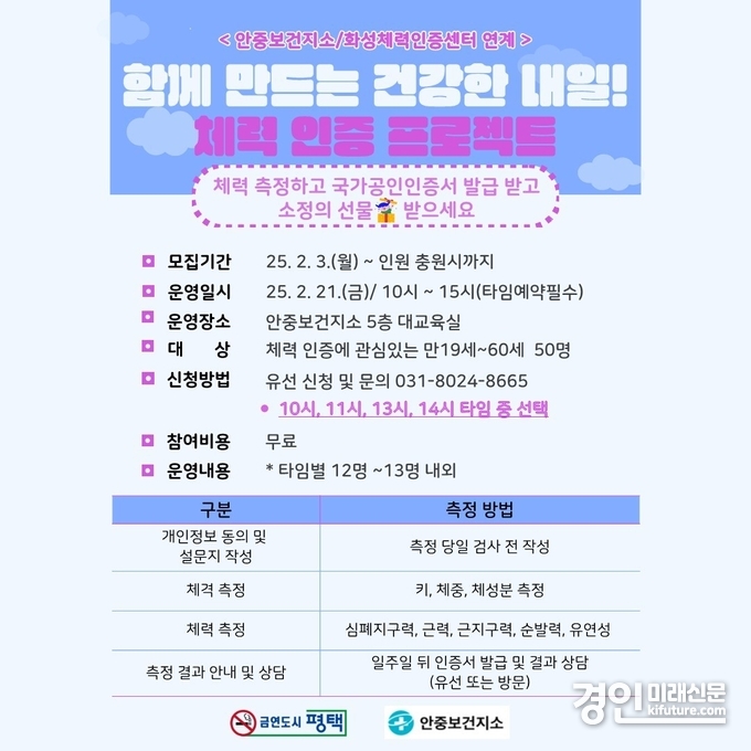안중보건지소, 내일 체력 인증 프로젝트 참여자 모집 안내문. <사진=평택시>