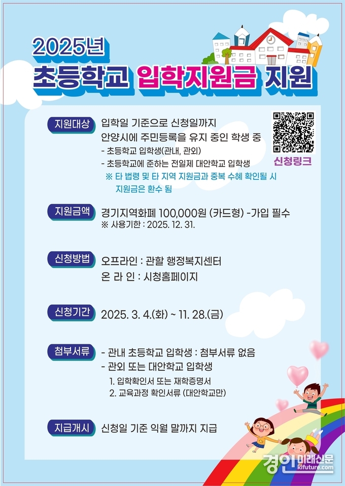 2025년 초등학교 입학지원금 홍보물. <사진=안양시>