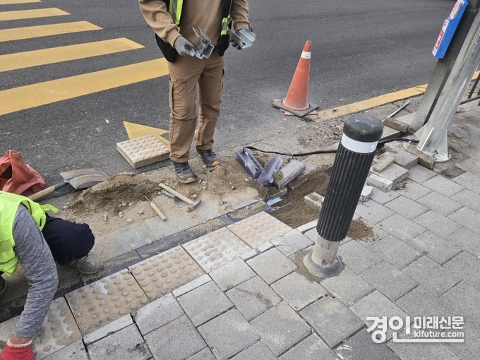 남양주시 오남읍의 횡단보도에 보행신호등, 음성안내보호장치 등 보행안전시설을 설치하고 있다. <사진=경기도의회>
