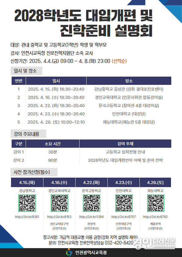 인천교육청, 2028 대입개편안 및 진학준비 권역별 설명회 안내문. <사진=인천교육청>