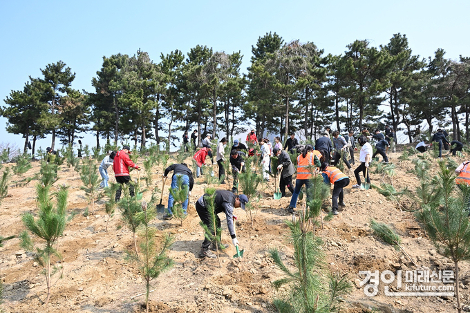 제80회 식목일을 맞아 시흥시 정왕동 일원에서 시민, 기업, 지역단체 등이 함께 나무를 심는 ‘2025 행복의 숲 나무 심기’ 행사에 참여하고 있다. <사진=시흥시>