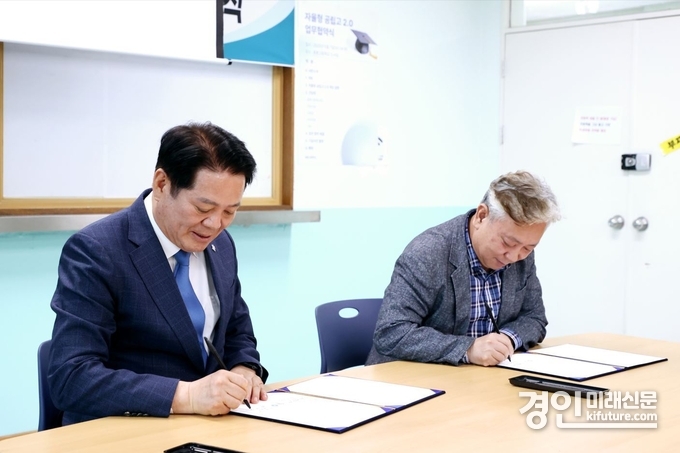 최대호 안양시장(왼쪽)과 강인식 충훈고등학교장(오른쪽)이 지난 7일 ‘자율형 공립고 2.0’ 추진을 위한 업무협약서에 서명하고 있다. <사진=안양시>