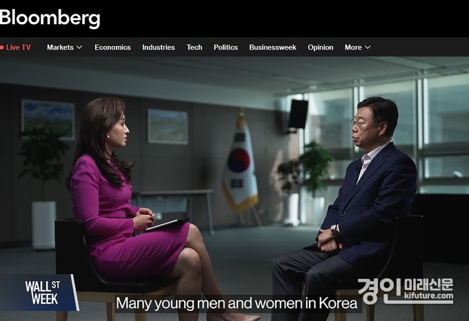 미국 블룸버그TV ‘월스트리트 위크 보도 중 셰리안 앵커와 인터뷰하고 있는 신상진 성남시장 영상 캡쳐 화면. <사진=성남시>