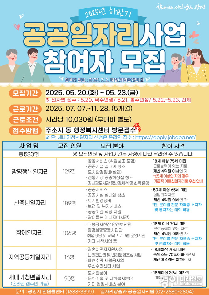 광명시, 하반기 공공일자리 참여자 모집 안내문. <사진=광명시>