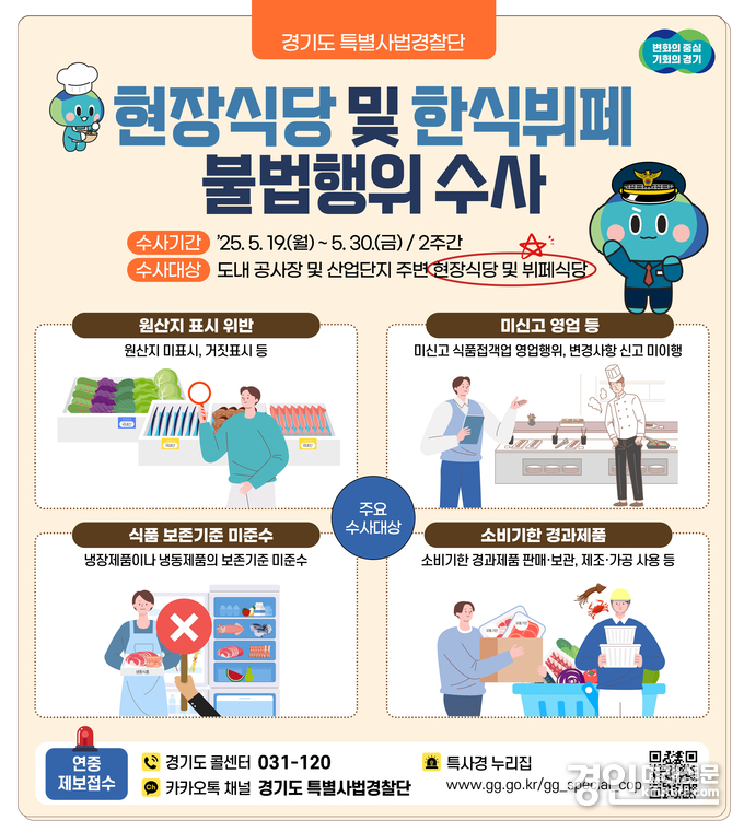 경기도 특별사법경찰단, 현장식당·한식뷔페 불법행위 수사 안내문. <사진=경기도>