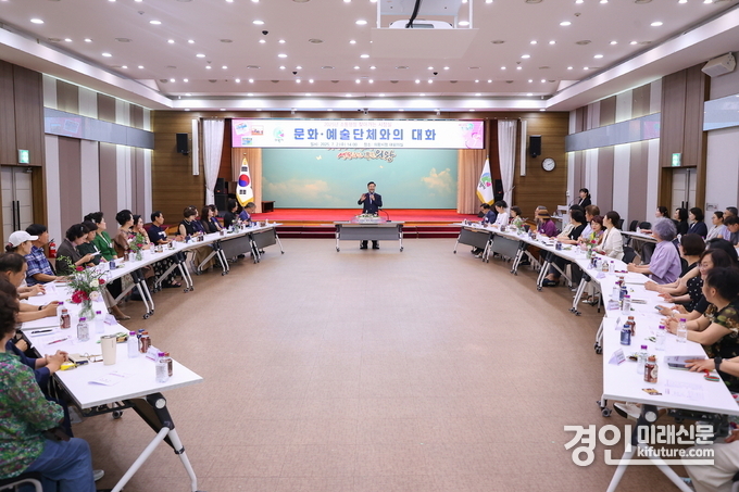 김성제 의왕시장(가운데)이 문화예술단체와 소통의 시간을 갖고 있다. <사진=의왕시>