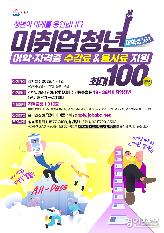 성남시, 미취업 청년 어학·자격증 학원 수강료& 시험 응시료 지원 사업 안내문. <사진=성남시>