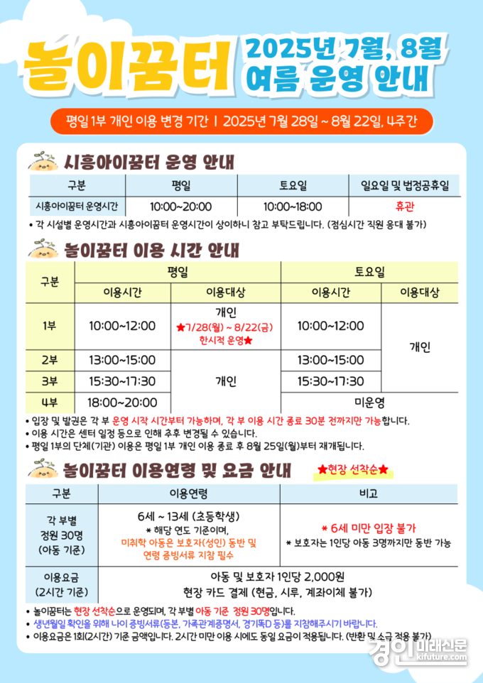 시흥도시공사 시흥아이꿈터, ‘놀이꿈터’ 여름맞이 평일 1부 운영 변경 안내문. <사진=시흥도시공사>