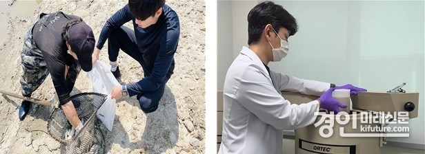 인천시 관계자가 수산물 안정성 조사를 위해 시료를 수거하는 모습(왼쪽)과 수산물 방사능 검사를 실시하고 모습. <사진=인천시>