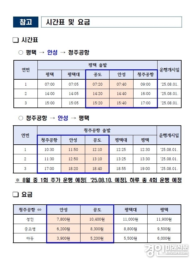 청주공항 공항버스 시간표 및 요금. <사진=안성시>