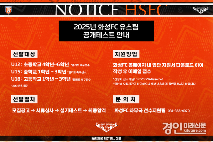 화성FC가 구단 산하 유스팀(U12·U15·U18) 공개테스트 안내문. <사진=화성FC>