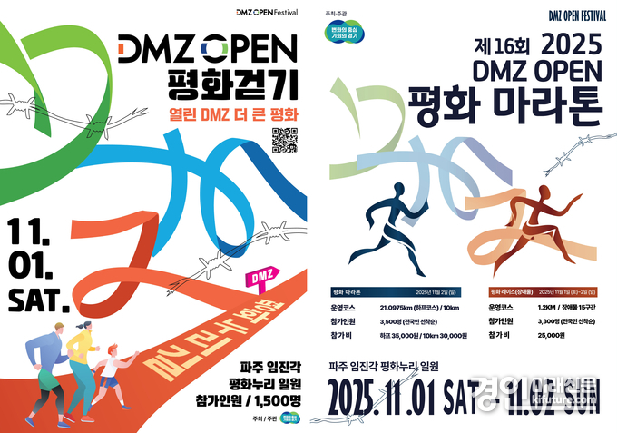 ‘DMZ OPEN 평화걷기(왼쪽)·마라톤’ 참가자 모집 홍보물. <사진=경기도>