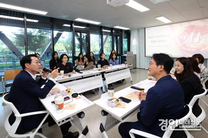 정명근 화성특례시장(왼쪽)이 자살예방사업 컨설팅 결과보고회에서 발언을 하고 있다. <사진=화성시>