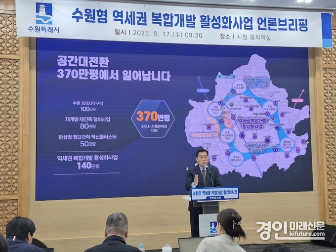이재준 수원시장이 브리핑에서 수원형 역세권 복합개발 활성화 방안을 발표하고 있다. <사진=민경호 기자>