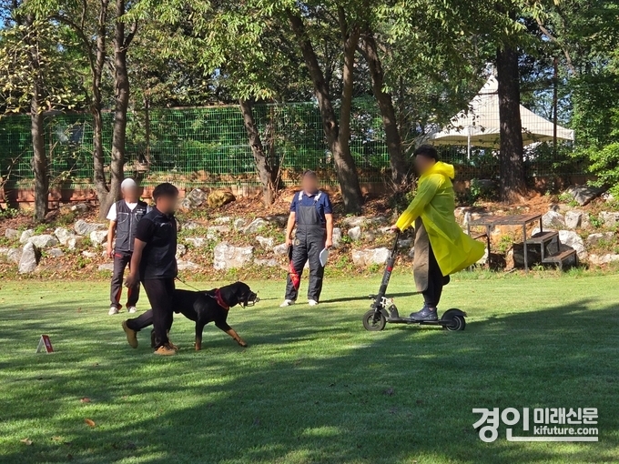 경기도 관계자가 맹견 기질평가를 실시하고 있다. <사진=경기도>