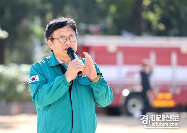 도성훈 인천시교육감이 지난 2일 만성중학교에서 열린 재난대응 안전한국훈련에서 인사말을 하고 있다. <사진=인천시교육청>