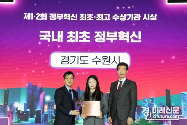 지난 24일 부산 벡스코에서 열린 제1·2회 정부혁신 최초·최고 수상기관 시상식에서 수원시 관계자가 수상하고 있다. <사진=수원시>