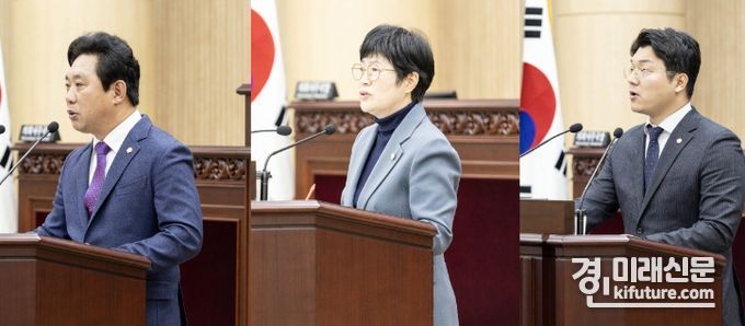 안산시의회가 14일 제286회 제2차 정례회 제2차 본회의를 열어 시정질문(왼쪽부터 한갑수, 박은경 의원) 및 5분 자유발언(최진호 의원)을 하고 있다. <사진=안산시의회>